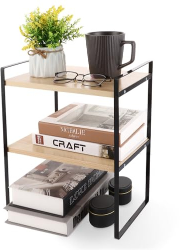 GBACHOOSE Schreibtisch Regal, Küchenregal Arbeitsplatte, Mini Regal 2-stufiges Holz-Bücherregal für Schreibtisch, Kommode Küche Arbeitsplatte(Schwarz + Holz)