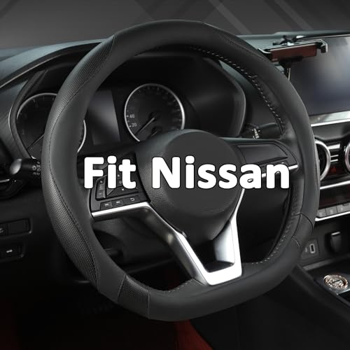 GIANT PANDA Auto Leder Lenkradbezug für Nissan, D-förmiger Lenkradbezug für Qashqai,Juke​,X-Trail,Leaf​ (Schwarz-D-Form-M)