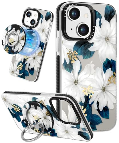 Kokaade for iPhone 14 Plus Case for Women Girls - Compatible with Magsafe for 360° Rotatable Magnetic Ring Holder Stand Cute Kawaii Girly Blue Flower Design TPU for iPhone 14 Plus Phone Case