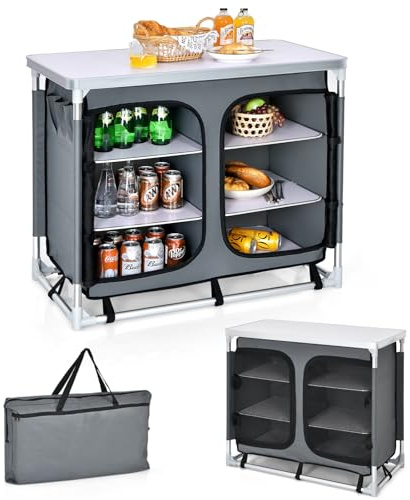 KOMFOTTEU Tavolo Pieghevole da Campeggio in Alluminio a 4 Livelli, Tavolo Picnic Richiudibile con Ante in Rete con Cerniera, Borsa per il Trasporto, Cucina da Esterno, Picnic, Barbecue, Festa