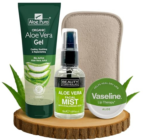 Aloe Vera Moisturiser Bundle with Organic Aloe Vera Gel, Vaseline Lip Balm Aloe Vera, Face Mist Spray Hydrating + Bamboo Face Cloth - Aloe Heat Lotion, Sun Burn Relief