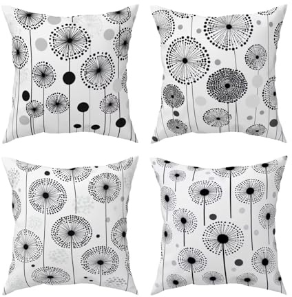 4er Set Schwarz und Weiß Outdoor Kissenbezug Wasserdicht, Pusteblume Dekokissen Outdoor Kissen Wetterfest, Leinen Dekorativ Kissenbezüge Sofakissen Kissenhülle für Balkon, Terrassen Deko 40x40 U-48