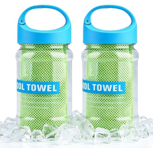 Kukyller Toalla de enfriamiento, 2 toallas de refrigeración con botella de almacenamiento, toalla de hielo, toalla de sudor para cuello y cara, yoga, deportes, correr, gimnasio (verde)