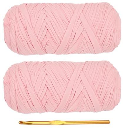 PATIKIL T-Shirt Yarn for Crocheting with 1 Crochet Hook, 2 Pack 400g/130 Yards Soft High Elastic Knitting Yarn for Beginner Crochet Bag/Basket/Home Decor(Light Pink)