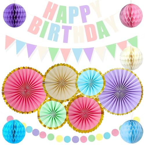 14 Stück Wiederverwendbare Geburtstagsdeko, Pastell Happy Birthday Party Deko, Kindergeburtstag Deko, Happy Birthday Girlande, Papierfächer, Wimpelkette, Wabenbälle für Mädchen Junge Deko