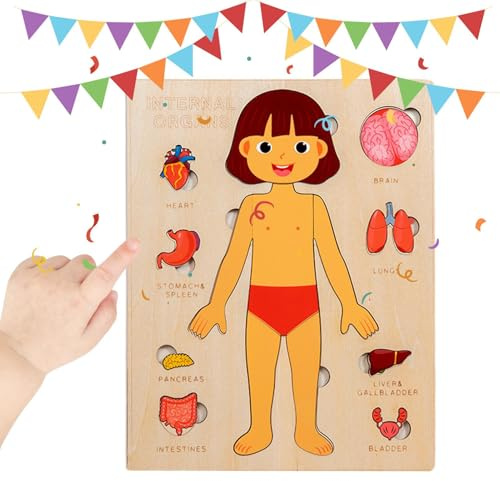 Toddler Body Parts Book, Educational Wooden Puzzle Learning Board, 8.98x7.09x0.39 Inches, Colorful Visual Guide, Durable Safe Design for Travel, Preschool, Hospital, Classroom, Home, Boys and Girls