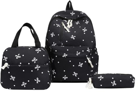 Bow Printed School Backpack Set with Lunch Bag Pencil Case 3 Pieces School Bags for Teens Girls Boys Aesthetic Daypack Handbag Schools Backpack for Girl Women Travel Rucksack