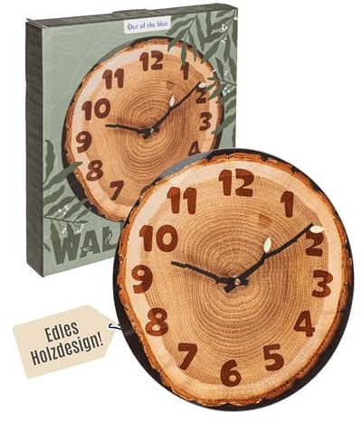 Out of the blue Glas-Wanduhr „Baumscheibe“ - Natürliche Holzoptik - Hochwertiges Glasgehäuse - Maße 27 × 30 × 4 cm in Farbbox - für 1 Mignon-Batterie (AA) - Ideal für EIN modernes Zuhause