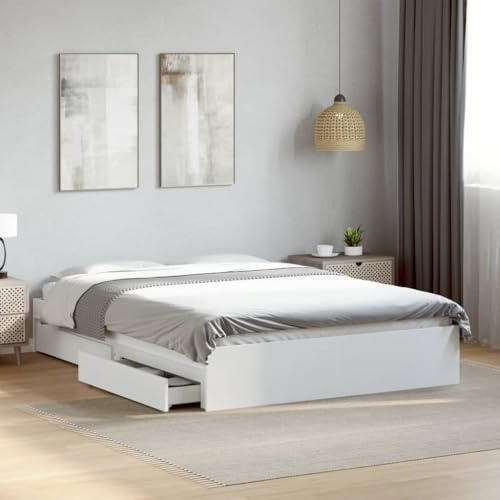 HUAKEHOM Bettgestell Bett mit Schubladen für Schlafzimmer Bettrahmen mit Lattenrost Schlafzimmerbett Einzelbett Weiß 120x200 cm Holzwerkstoff