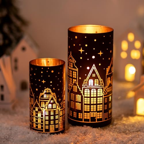 Glasseam Lichthaus Windlicht Glas: 2er Set Schwarz Gold Kerzengläser | Kerzenhalter Stumpenkerzen für Tischdeko, Glaszylinder für Kerzen, Windlicht Outdoor, Wohnzimmer Deko, Geschenk