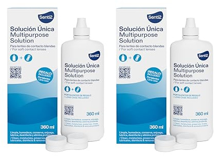 Senti2 Solución Única Multipropósito para Lentes de Contacto Blandas, 360 ml, con Portalentes de Regalo (Paquete de 2)