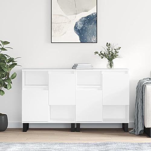 ULUYYUC 2X Buffet Blanc Brillant 120 x 35 x 70 cm Bois d'ingénierie et Métal Rangement Cuisine et Salon Design Intemporel pour Salle à Manger Séjour et Bureau