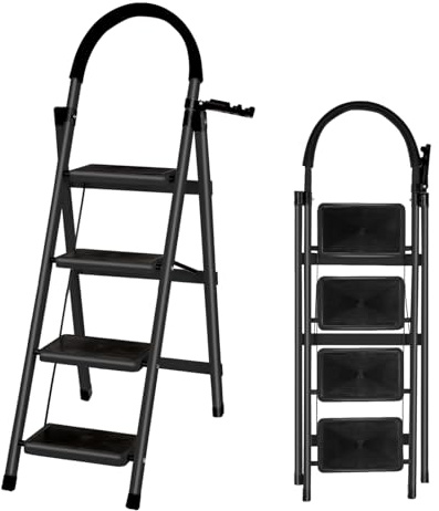 XUANYU Marchepied Pliable Acier, avec Pieds et Marches Antidérapants, Escabeau avec Verrouillage de Sécurité, Marchepied Robuste Charge Jusqu'à 150 kg (Noir, 4 marches)