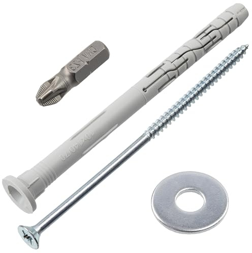 AERZETIX - Kit di 5 tasselli con collarino svasato Ø10x140 mm in nylon + 5 viti per legno Ø6x140 mm colore argento + 5 rondelle larghe per bullone M6 + 1 punta per avvitatore 1/4 PZ3