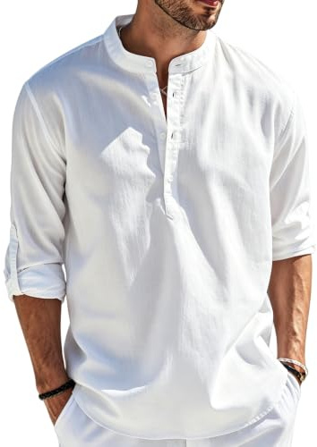 Cegerne Camisa de Lino Hombre Manga Larga Camisa Verano Ligera Transpirable Henley Casual para Vacaciones Playa