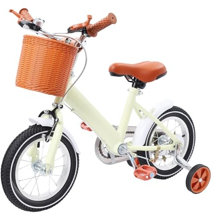CUSANSK 12 Zoll Kinderfahrrad für Jungen und Mädchen ab 2-4 Jahre, Höhenverstellbar Lernfahrrad mit Stützrädern & Korb, Tragfähigkeit 40kg für Fahrlernübungen (Gelb)