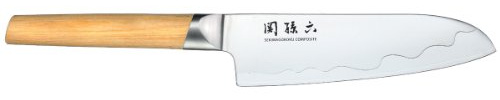 KAI Seki Magoroku Composite Santoku Messer 16,5 cm Klingenlänge - SUS420J2 Edelstahl 56 HRC/VG 10 Stahl 61 HRC - heller gemaserter Pakkaholzgriff - Handgefertigt in Japan - Durchgehender Erl