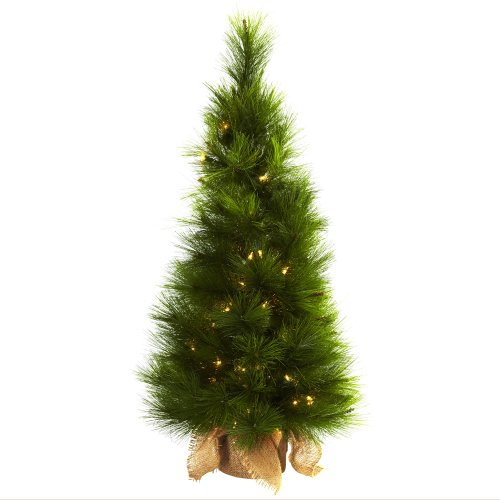 Nearly Natural Árbol de Navidad artificial de 3 pies con bolsa de arpillera y luces transparentes