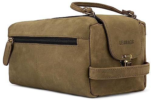 LEABAGS Palm Bay vintage look äkta buffelläder tvättpåse | tvättväska för män och kvinnor, Oliv