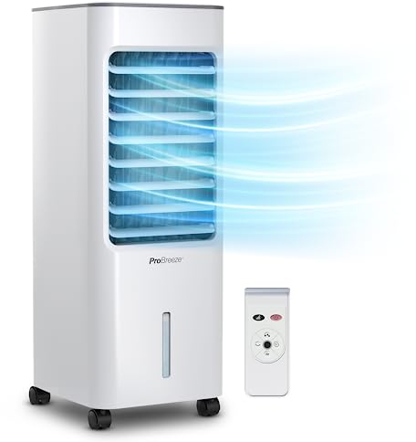 Pro Breeze 4-in-1 Air Cooler with 5 Litre Capacity, Remote Control, 3 Fan Speed, and LED Display. Powerful Evaporative Portable Air Cooler with Built-in 7 Hour Timer & Automatic Oscillation