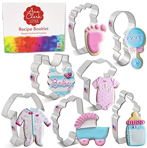 Ann Clark Lot de 7 emporte-pièces pour fête prénatale Fabriqué aux États-Unis par Ann Clark, Onesie, bavoir, hochet, bouteille, chariot, pieds, pyjama