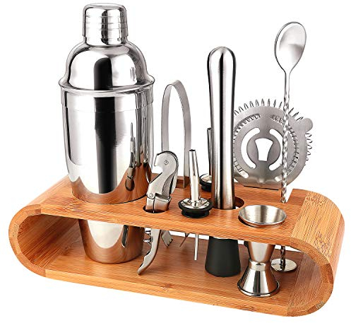 Bartender Kit-Cocktail Shaker Set 10 PC Bar Tool Set with Sleek Bamboo Stand Base, Kitchen Martini Shaker and Bar Tools, Perfect Home Bartending Kit for an Awesome Drink Mixing Experience