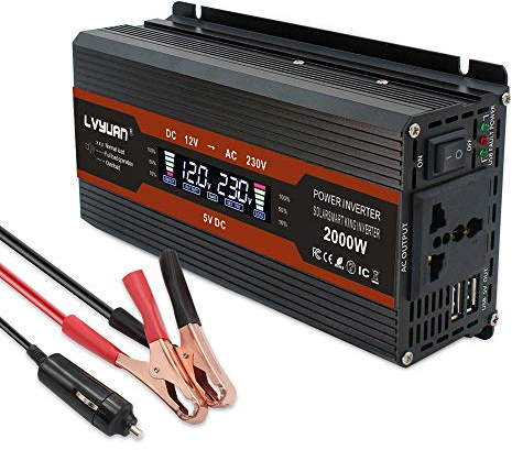 Cantonape inversor de Corriente coche 1000w 2000w Onda modificada 12v a 220v 230v Transformador Enchufe Universal, Dual USB con Pantalla LCD Monitor, para Phone, Pad Y Tableta Laptop…