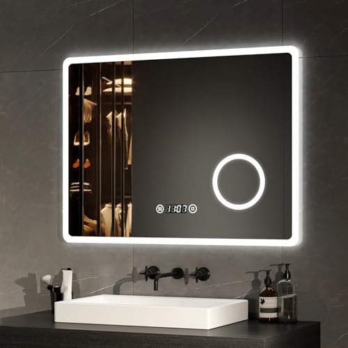 EMKE LED Badspiegel 80x60cm Badezimmerspiegel mit Beleuchtung Lichtspiegel Wandspiegel mit Touchschalter, Beschlagfrei, Uhr, 3-Fach Vergrößerung