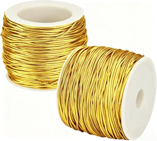 SNAGAROG 2 Rollen Gold Schnur 1mm Metallic Kordel Stretchdraht Basteldraht Elastisch Kordelband Bastelschnur für Kunsthandwerk, Dekoration oder Geschenk-25m/Rollen
