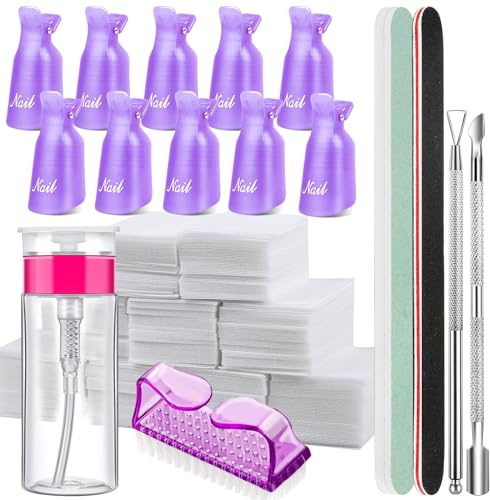 FANDAMEI Nagellackentferner Werkzeuge Set, Nagel Clips Kappen Lila, 500 Stk. Wattepads für Gelnägel, Nagelhautschieber Edelstahl, 2 Stk. Nagelfeile, Lila Nagelbürste, 100ML Leere Pump Spenderflasche