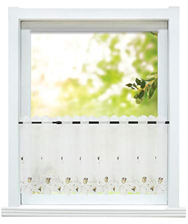 ESLIR Scheibengardine Landhaus Bistrogardine Küche Gardinen Transparent Vorhang Bestickt Kurzgardine mit Blumen Stickerei Voile HxB 45x90cm 1 Stück