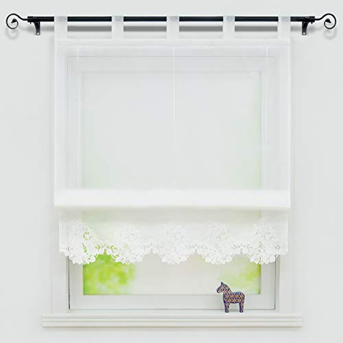 Yujiao Mao Raffrollo Weiß mit Blumenstickerei, Schlaufen, BxH 140x155 cm | Voile-Raffgardine für kleine Fenster, transparente Küchengardine mit Lochstickerei, Sichtschutz, Spitzenbordüre, Wellensaum