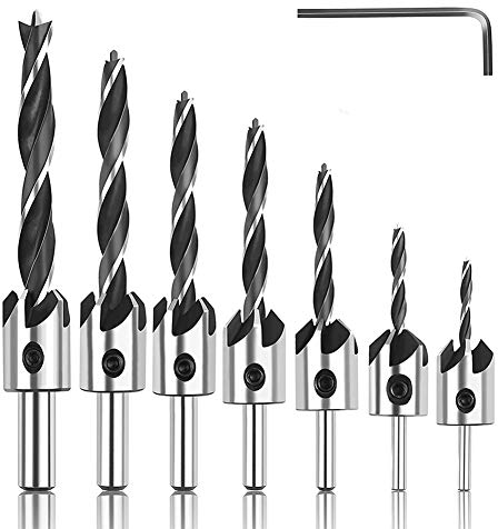 Senker Bohrer Set,7 Stücke Kegelsenker Bohrer Titan Beschichtete Schraube Holzbearbeitung Fase Werkzeug für Holz Kunststoff Weichmetall mit Schraubenschlüssel Insgesamt