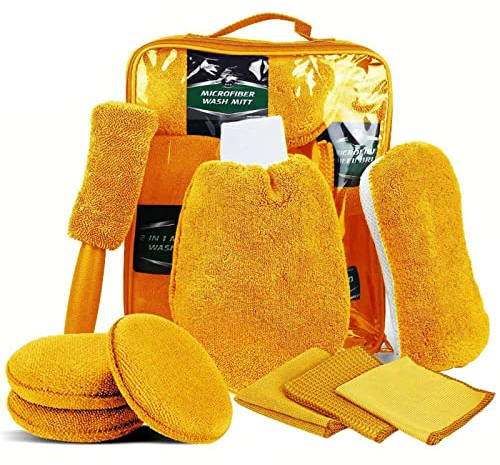 9 Piece Car Cleaning Kit With Storage Bag Includes Microfibre Washing Mitts, Multi-Purpose Cleaning Cloth, Waffle Cloths, Microfibre Wheel Brush, Wash Pad, Gift Set Care Product