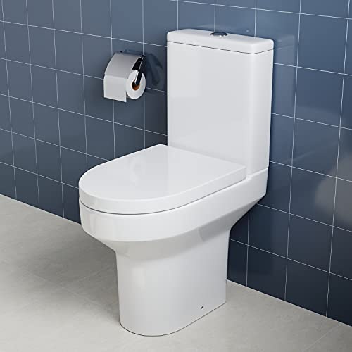 ELEGANT White Two-Piece Ceramic Toilets and Cisterns with Gloss White | Modern Close Coupled Toilet with Soft Close Seat Bathroom WC, D Shape Toilet Pan