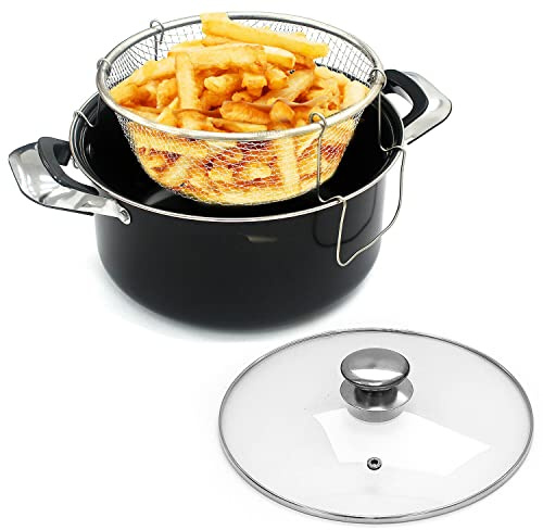 Vision4ever 24cm Deep Fat Fryer Non Stick Chip Pan Casserole Pot Fry Frying Basket Glass Lid