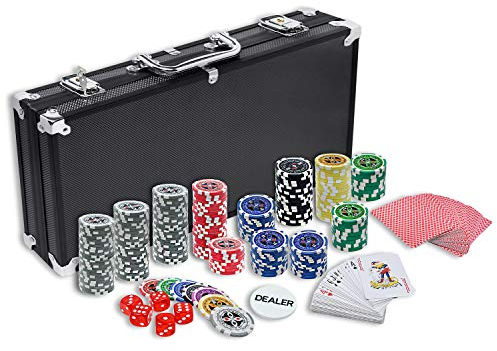 ACXIN Poker Set Pokerkoffer mit Aluminium Gehäuse Profi Kartenspiele Zubehör Pokerset inkl. 500x Laser Pokerchips, 2X Pokerdecks, 5X Würfeln, 3X Dealer Button, 2X Schlüssel (Schwarz)