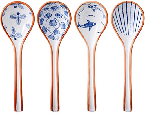 Cabilock Espressolöffel 4 Stücke Keramik Japanische Suppenlöffel Asia Porzellan Chinesische Asiatische Reislöffel Ramen Esslöffel Servierlöffel für Ramen Miso Wonton Suppe Rührlöffel