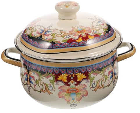 Cabilock Double-Handle Enamel Soup Pot 22cm Thick Vintage Stockpot for Stewing Wear-Resistant Cooking Pot Compatible with Induction and Gas