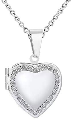 KunBead Jewelry Silver Love Heart Photo Picture Locket Necklace with Picture inside-Stainless Steel for Women
