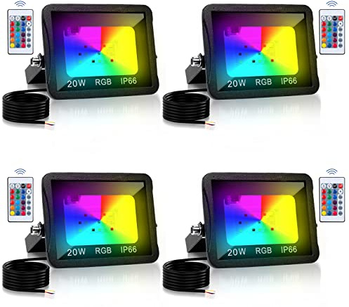 Vigevee 4pcs 20W RGB Proyector LED, Focos LED Exterior con Control Remoto, 16 colores y 4 modos Cambio de color Luz de seguridad, Función de Memoria, Impermeables IP66 (sin enchufe) (M8419-STAR4r)