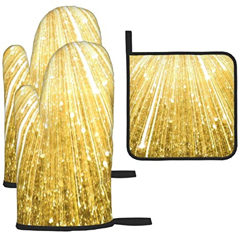 Hitzebeständige Ofenhandschuhe und Topflappen, 3er-Set, Gold-Bling-Druck, rutschfest, wasserdicht, für Küche, Backen, Kochen, Grillen