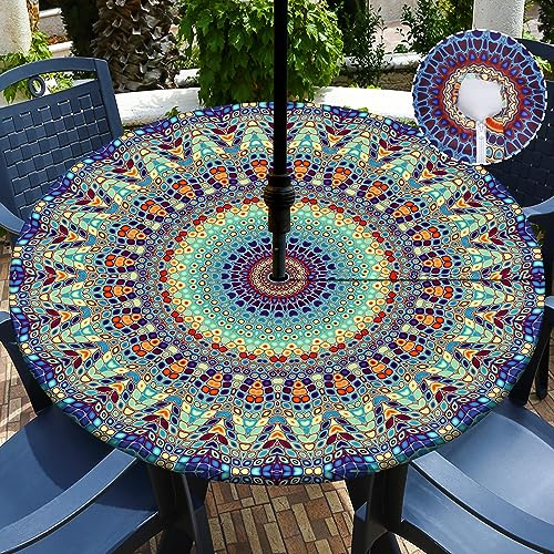 Buwuta Outdoor Tablecloth with Umbrella Hole Waterproof Round Fitted Tablecloth with Elastic Zippered Wipeable Table Cloth Round Cover for Picnic, Patio,Garden Fits to 40-44 Patio Tables