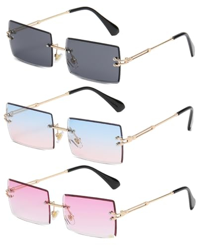 3-Paar rahmenlose Damensonnenbrille, rechteckige modische Retro-Sonnenbrille, Unisex-Schutzbrille, um starkem Licht zu widerstehen, geeignet für Fotografie und Sport (Lila, Blau-rosa, Schwarz)