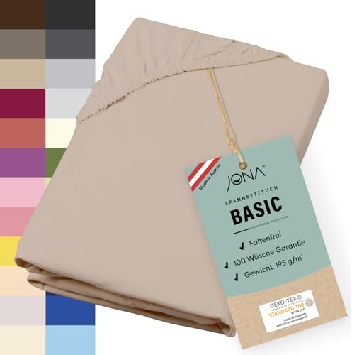 JONA SLEEP® Basic Spannbettlaken 90-100 x 200-220 cm - 190 g/m² faltenfreies Baumwoll-Jersey Leintuch - Made in Austria - Öko-Tex 100 Standard (Hellbeige)