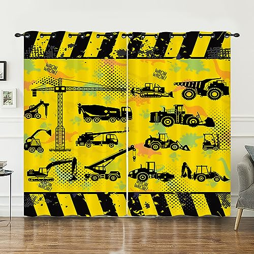 PEIHUODAN Kinder Vorhänge Gelb Schwarz, 3D Truck Traktor Druck Jungen Schlafzimmer Blackout Vorhänge, Blickdicht Fenster Behandlung, Satz von 2 Panels, mit Ösen (Farbe 5,107x228cm-2pc)