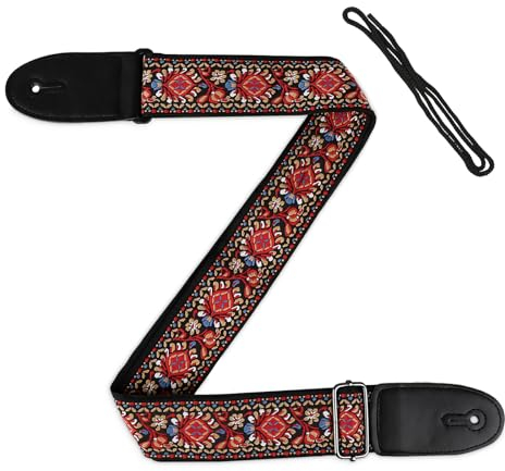 WLLHYF Stickerei Vintage Gitarrengurt mit Leder Enden Verstellbarer für Akustische Bassgitarren Elektrische Damen Herren Gitarristen Zubehör
