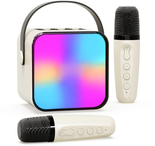 Beedove Karaoke 2 Microfonos, Karaoke Infantil y Microfono Inalambrico, Altavoz Bluetooth Portátil para Niñas y Niños, para Fiestas en Casa/Regalos/Juguetes (Beige)