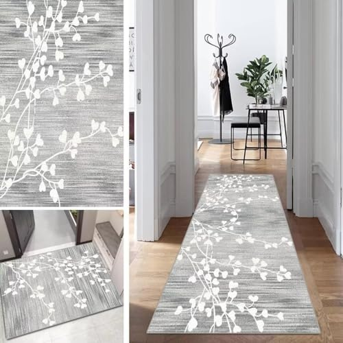 Mogetal Grau Läufer Teppich Lang Vintage Flur Läufer rutschfest Waschbar 60x200cm Modern Blattmuster Dauerhaft Läuferteppich TeppichLäufer Küchen Korridor Polyester Anpassbar Meterware