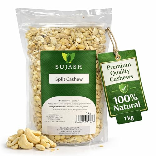 Sujash Split Cashews 1Kg Premium Crunchy Halves for Home Cooking and Baking | Cashew halves add creamy crunch to curries desserts salads baking snack mixes and a wide range of everyday recipes every day.